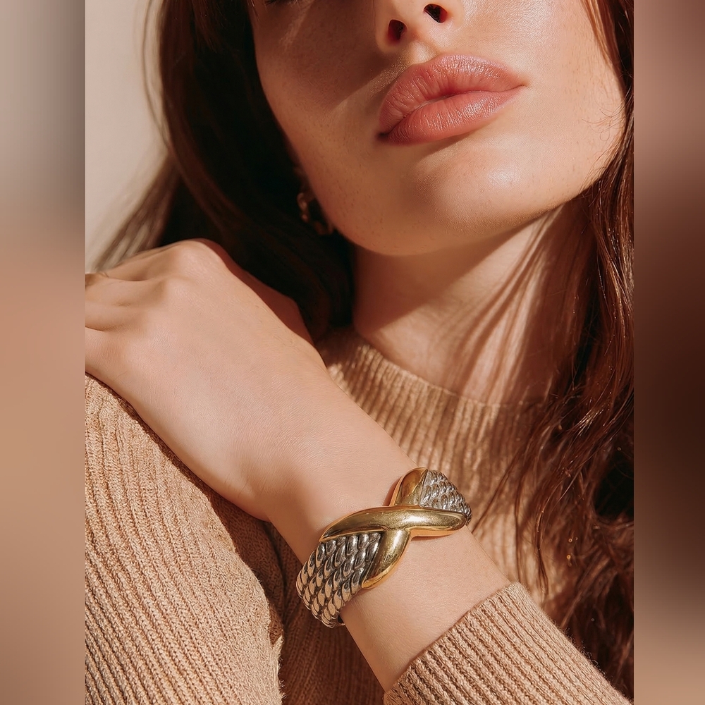 Silver Gold two tone clamper bangle bracelet